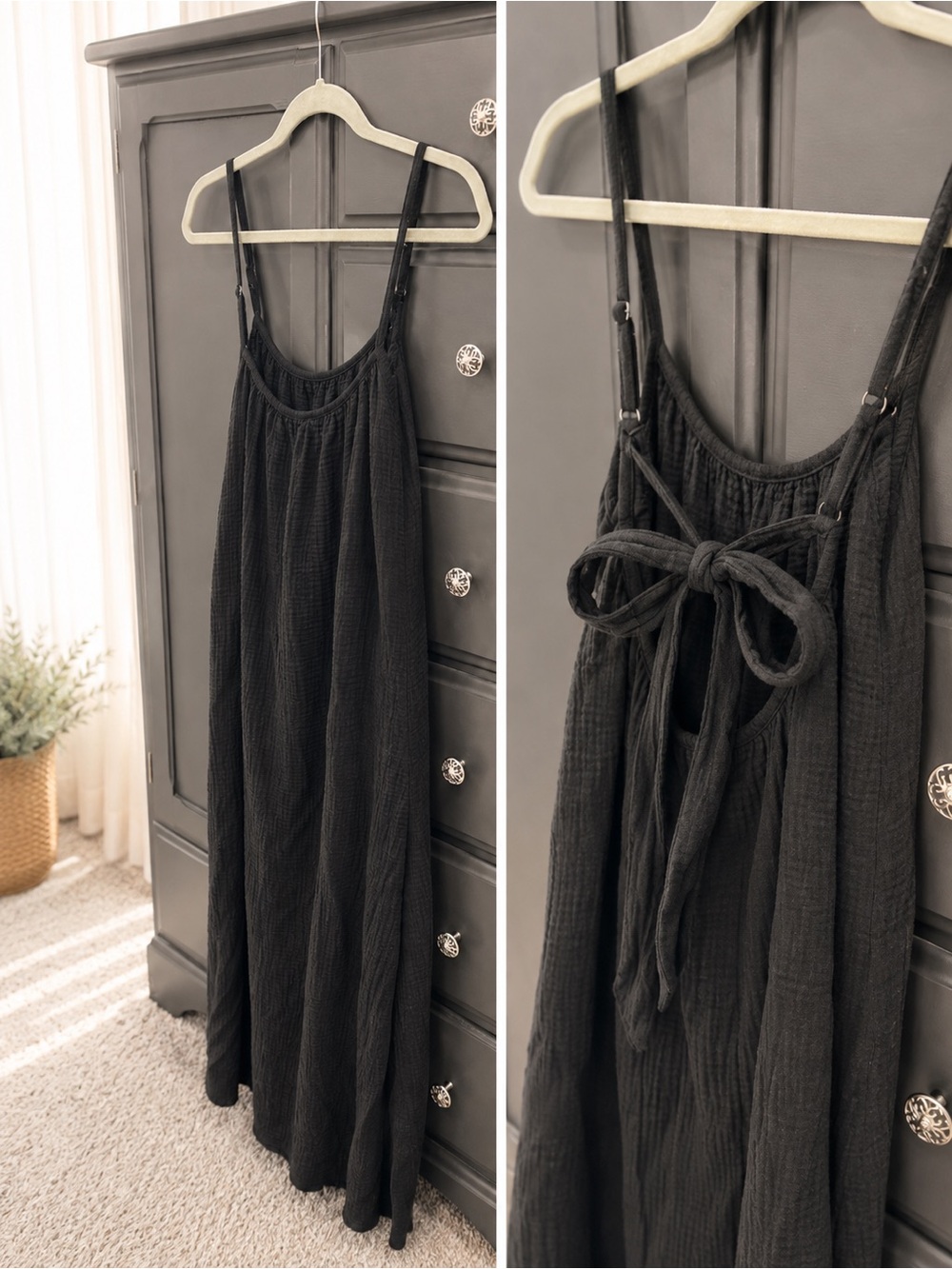 Sol Angeles Black Cotton Maxi Dress with Adjustable Tie Back